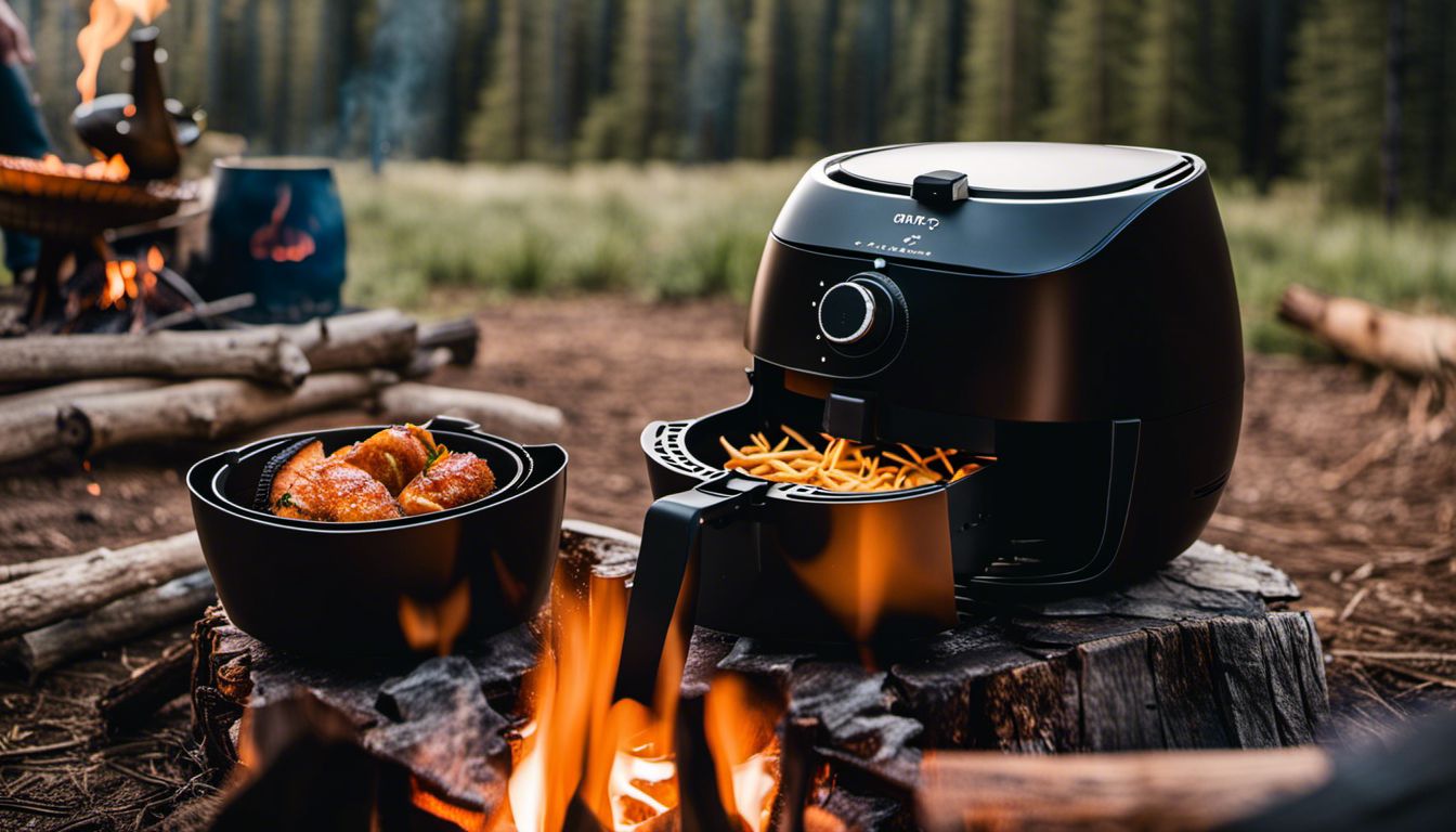 A rustic campfire cooking setup with a best camping air fryer in a scenic outdoor campsite.